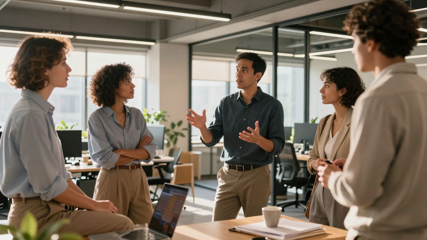 Professionals networking and collaborating in a modern office.