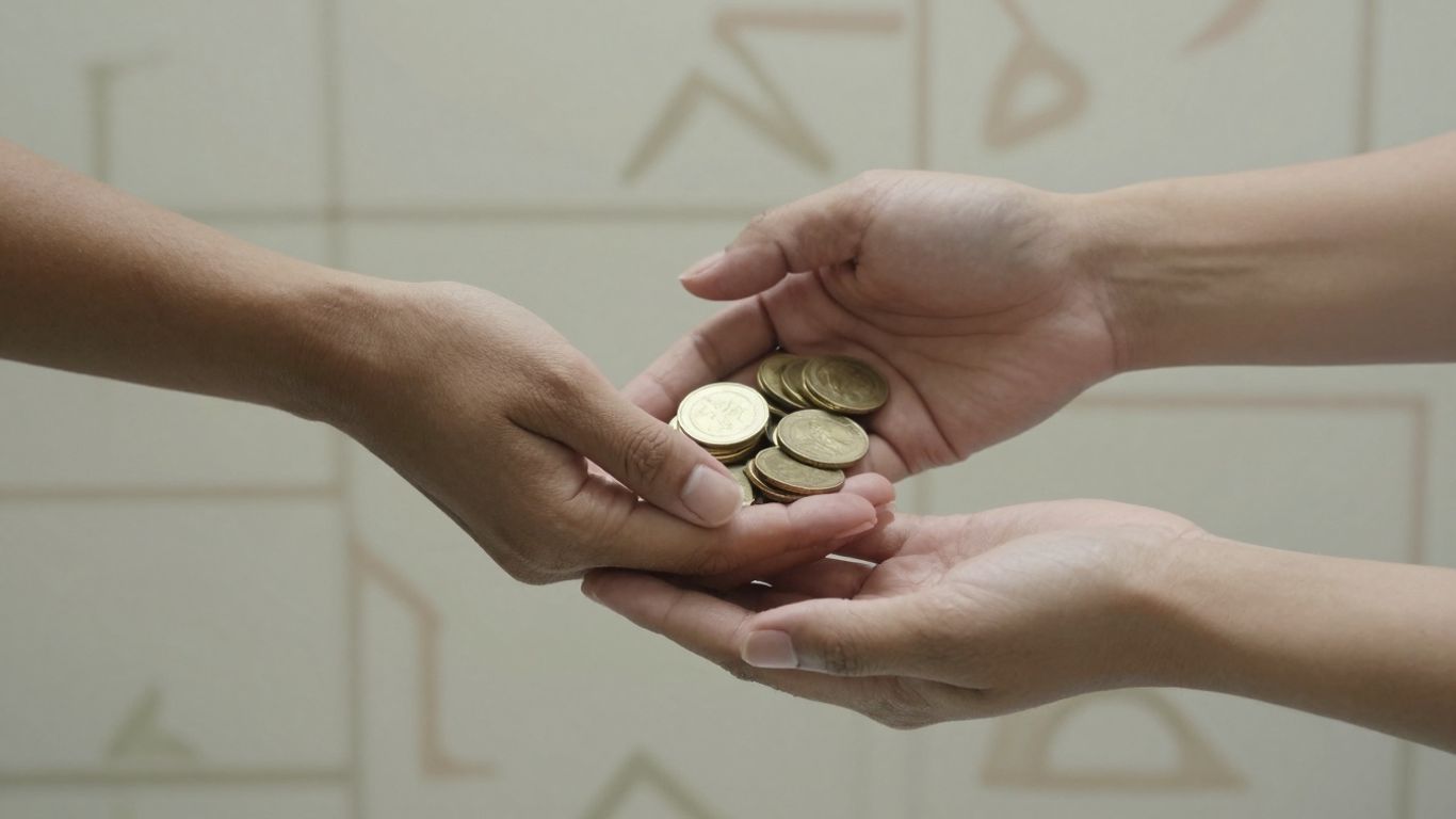 Hands exchanging gold coins, symbolizing profit sharing.