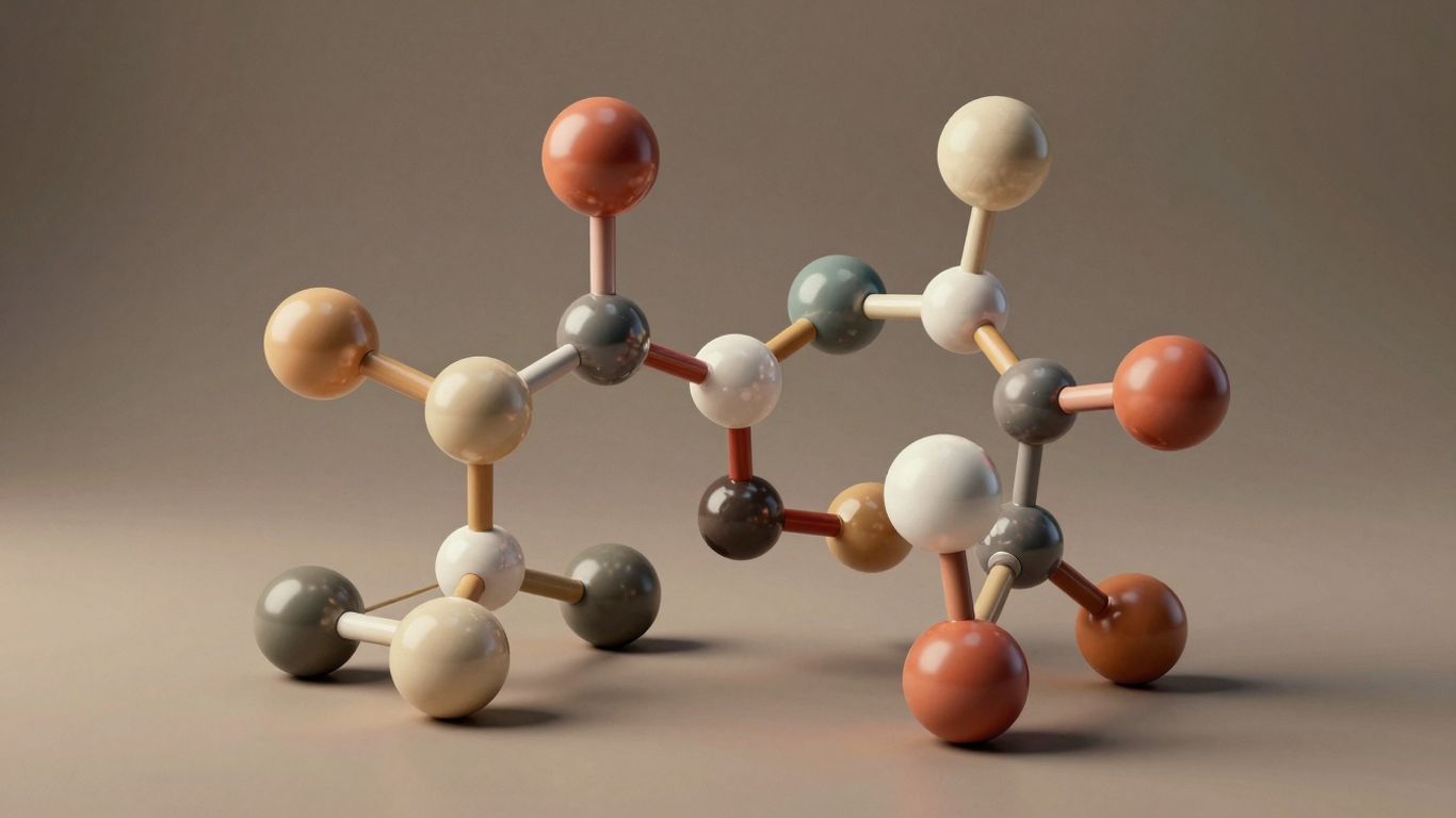 Abstract bond structure with warm colors and metallic accents.