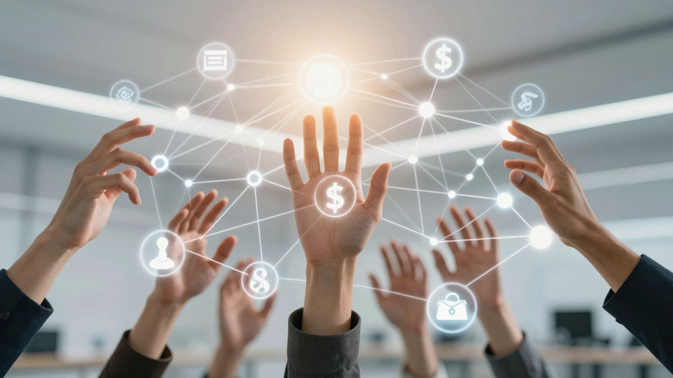 Hands connecting digital network with financial symbols.