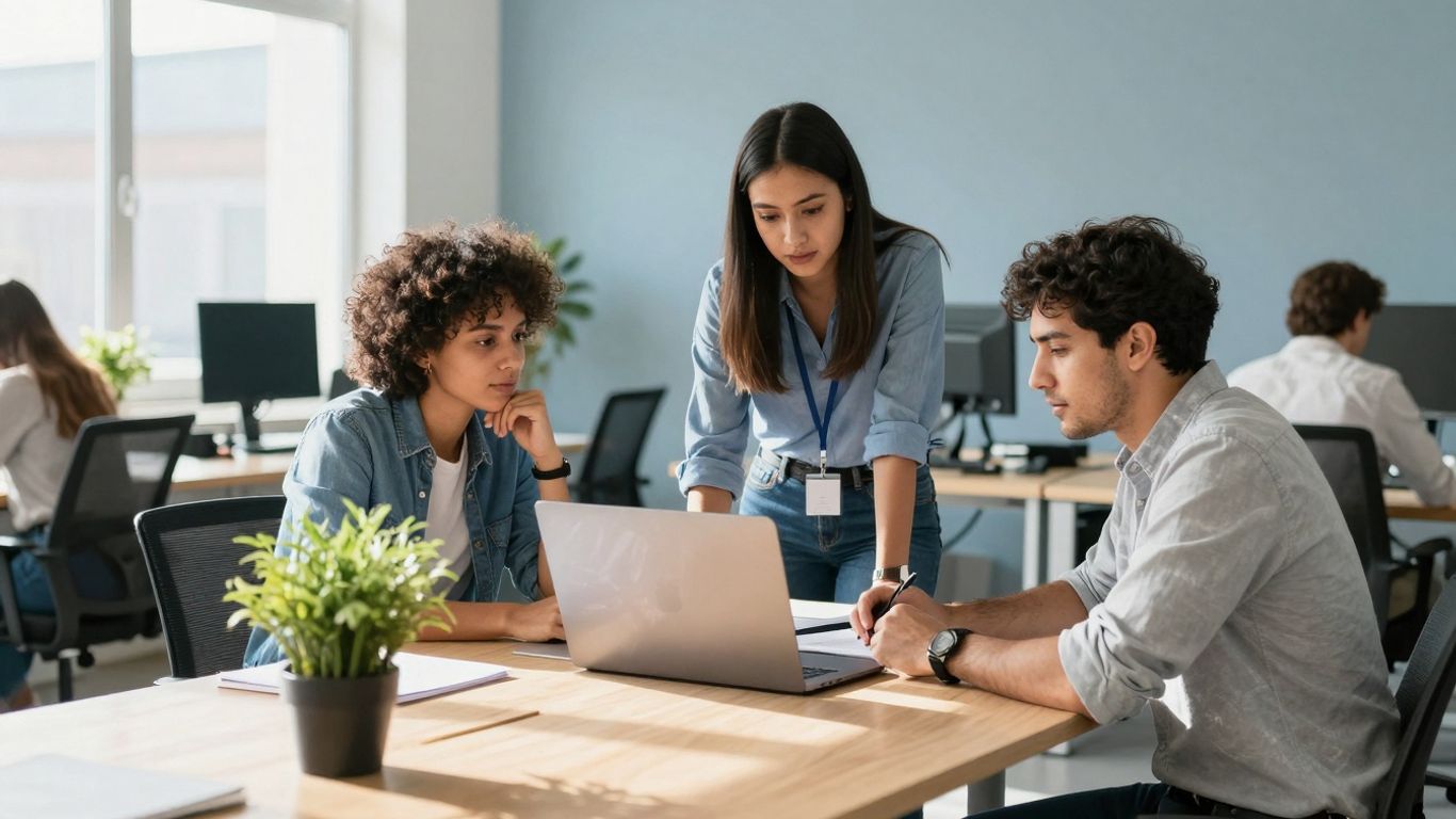 Startup team collaborating in a bright, modern office.