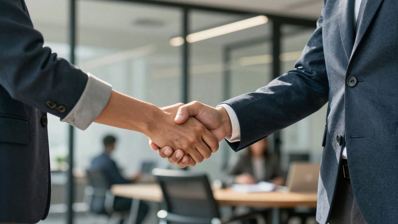Handshake between startup founder and strategic partner.
