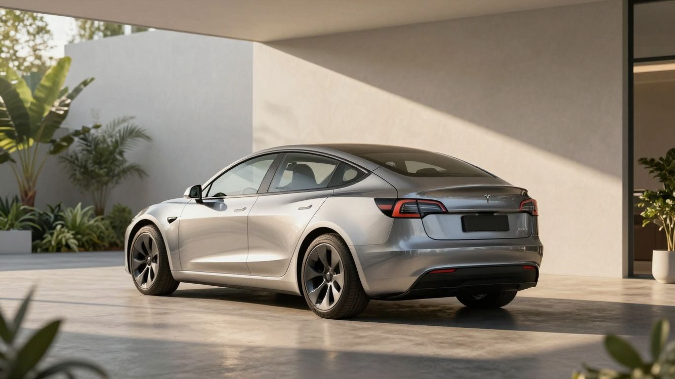 Tesla electric car in a modern, sunlit garage.