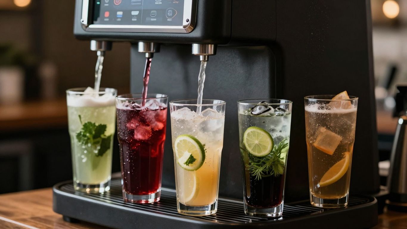 Modern beverage dispenser with colorful drinks.
