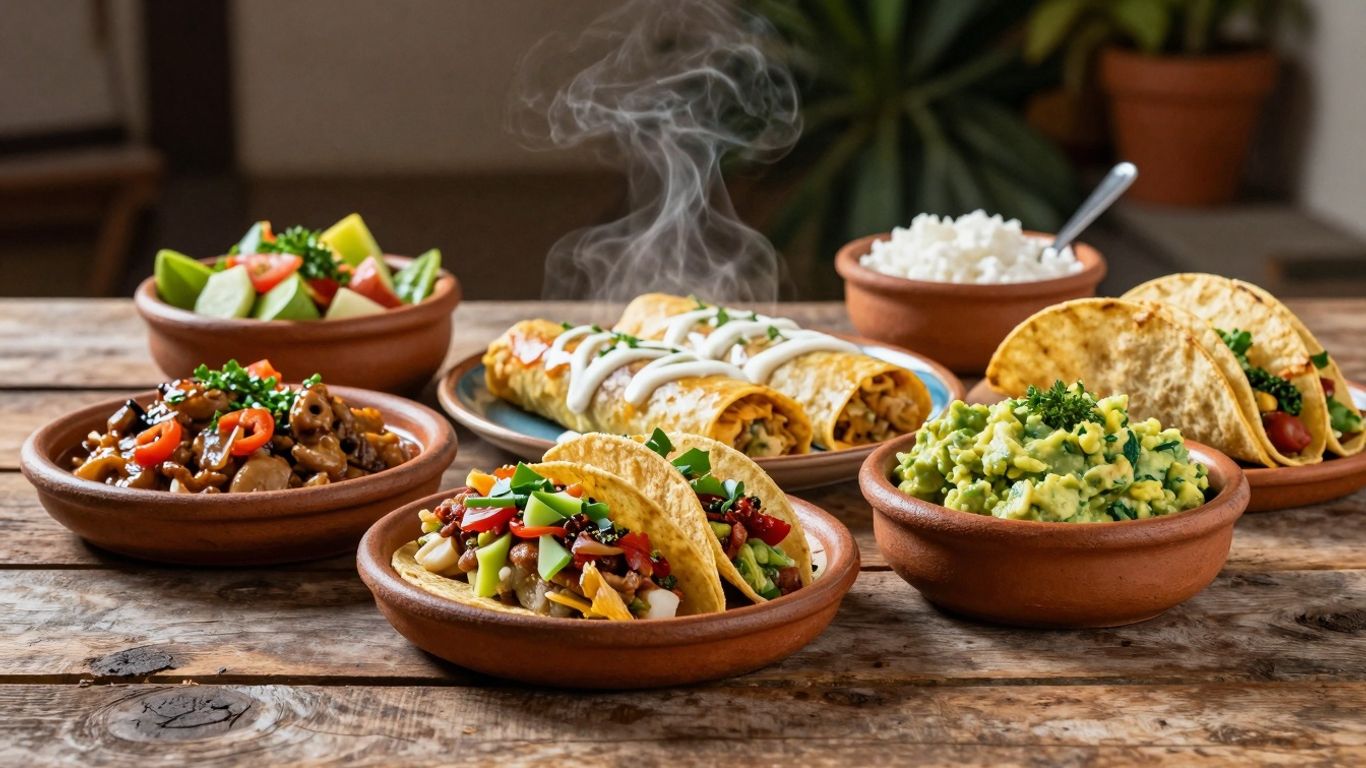 Traditional Mexican food spread with tacos and enchiladas.
