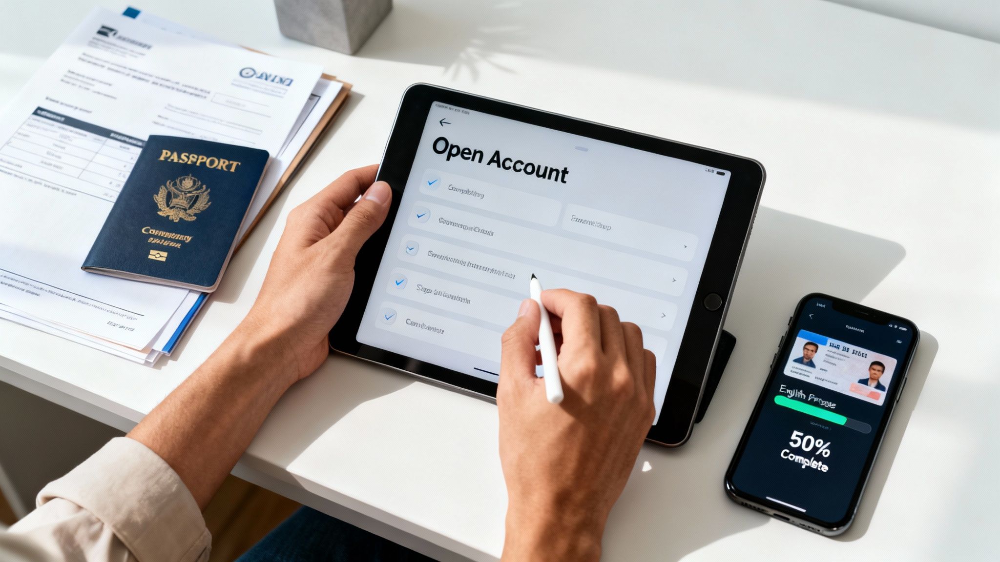 Person uses a tablet and phone for online account opening, with a passport and documents.