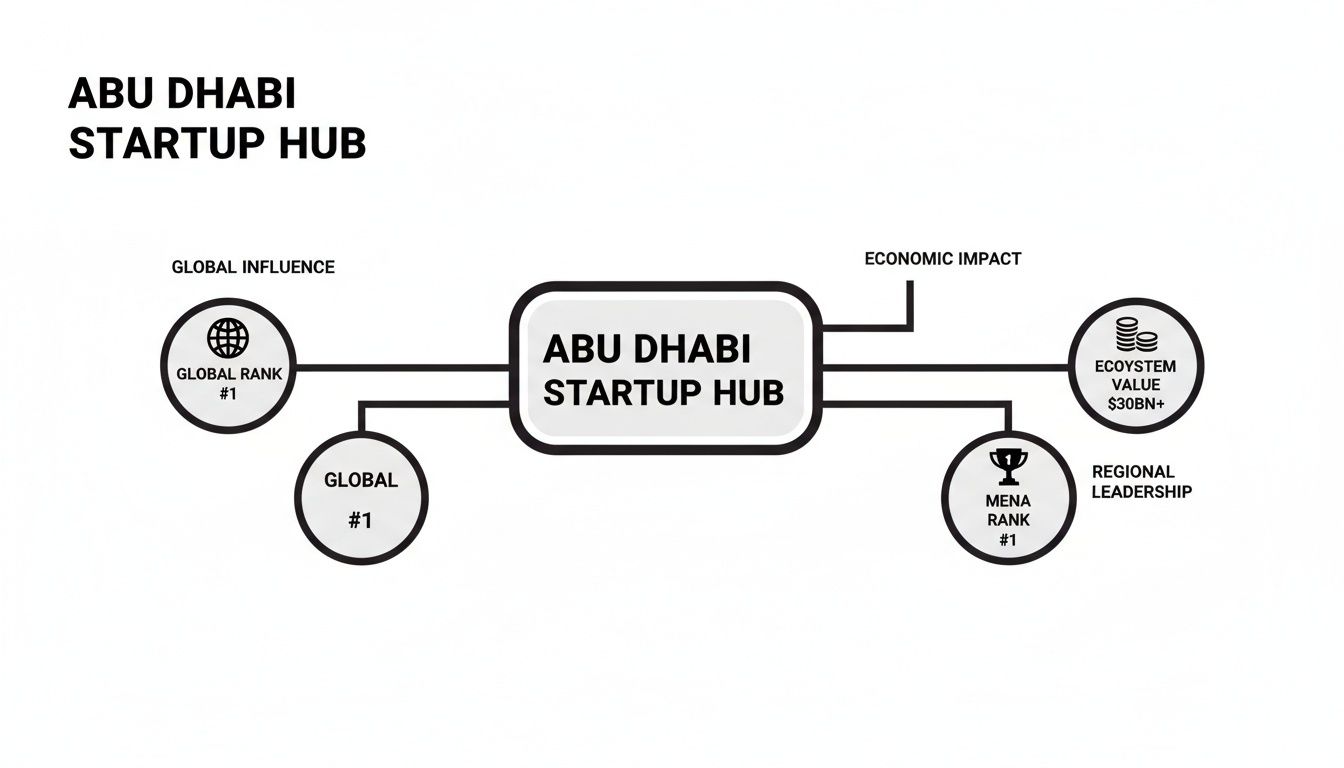 Infographic showing Abu Dhabi Startup Hub's #1 global rank, #1 MENA rank, and over $30BN ecosystem value.