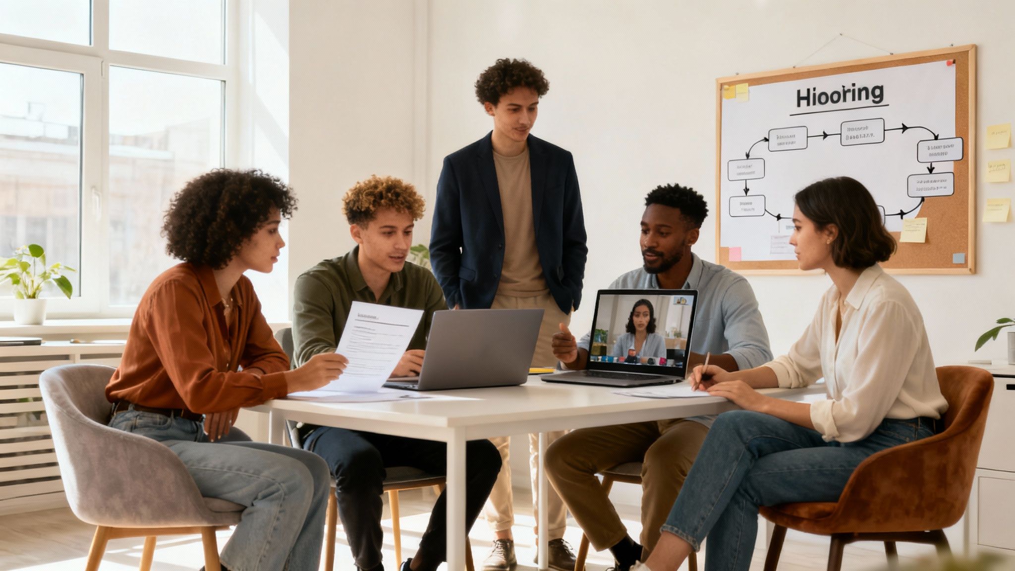A diverse team of young professionals collaborating in a bright office, with one on a video call.