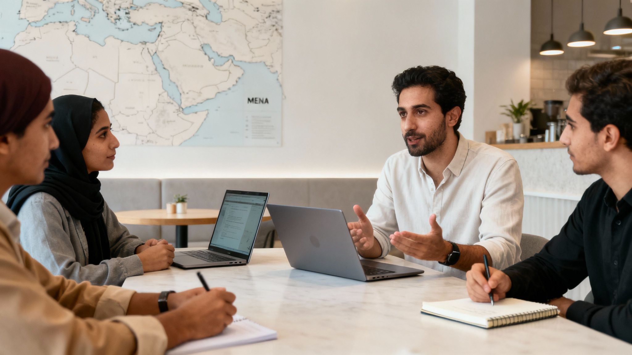 Four young professionals collaborate at a table with laptops, discussing ideas in a modern office.