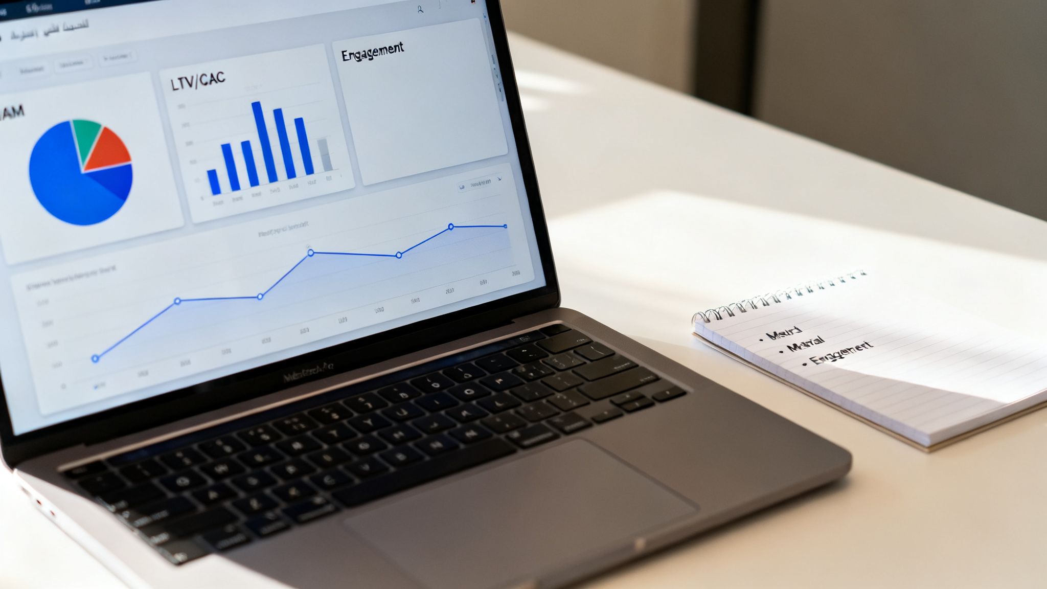 A laptop displays business data visualizations, including charts and graphs, next to a notebook with 'Engagement' written.