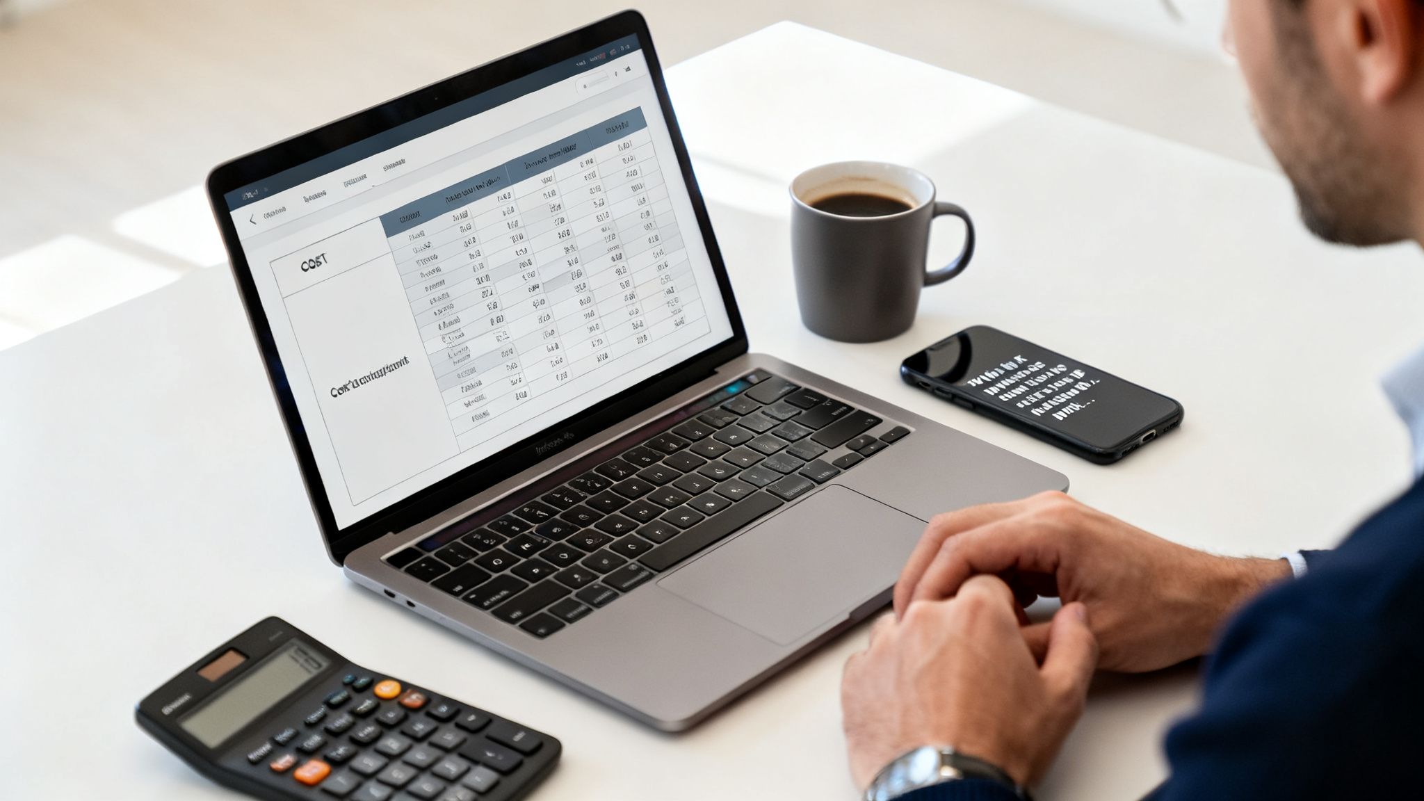 Man analyzing cost data on a laptop, with a calculator, coffee, and phone on a white desk.