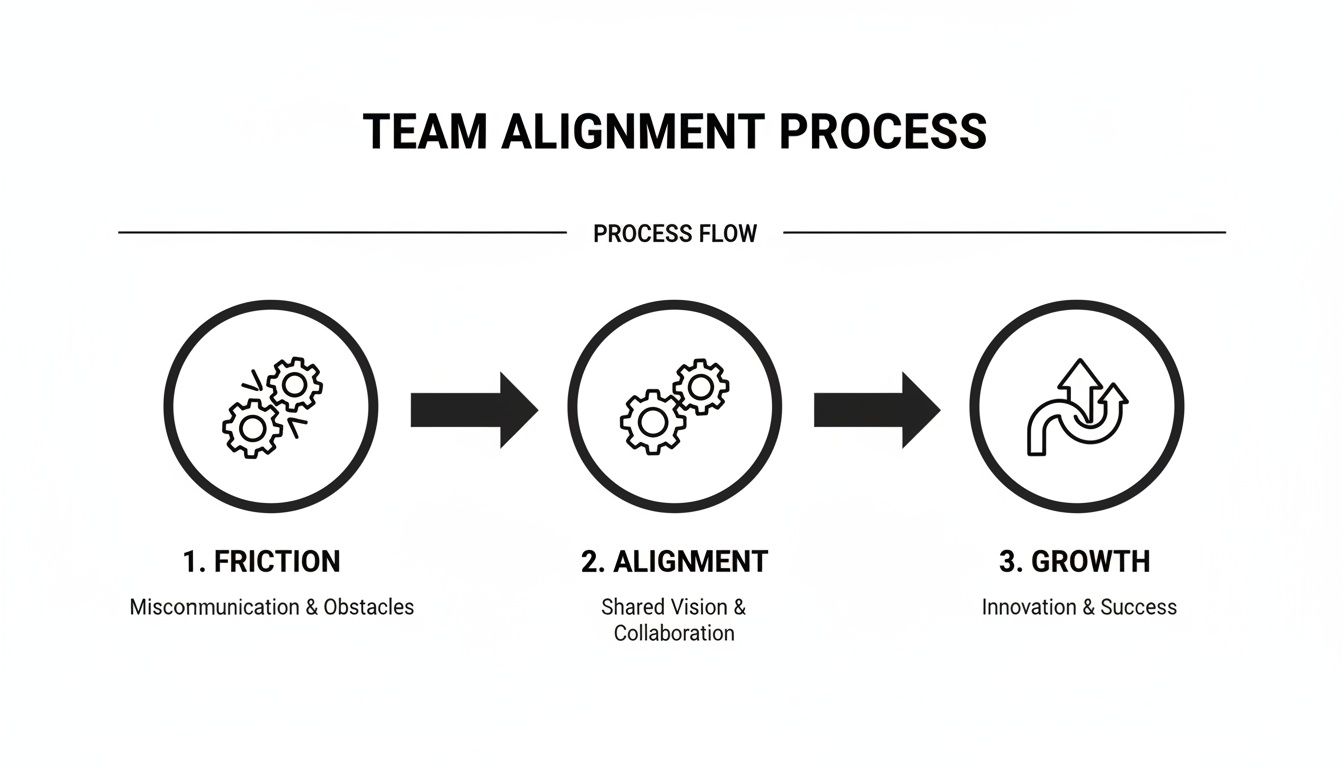 Flowchart illustrating the team alignment process, moving from friction to collaboration and growth.