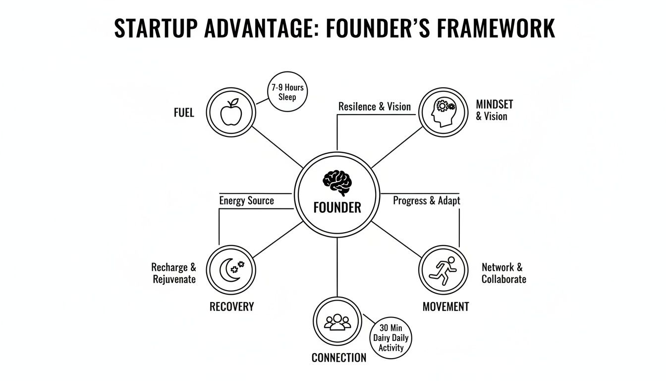 A 'Startup Advantage: Founder's Framework' diagram showing founder well-being components like fuel, mindset, movement, recovery, and connection.