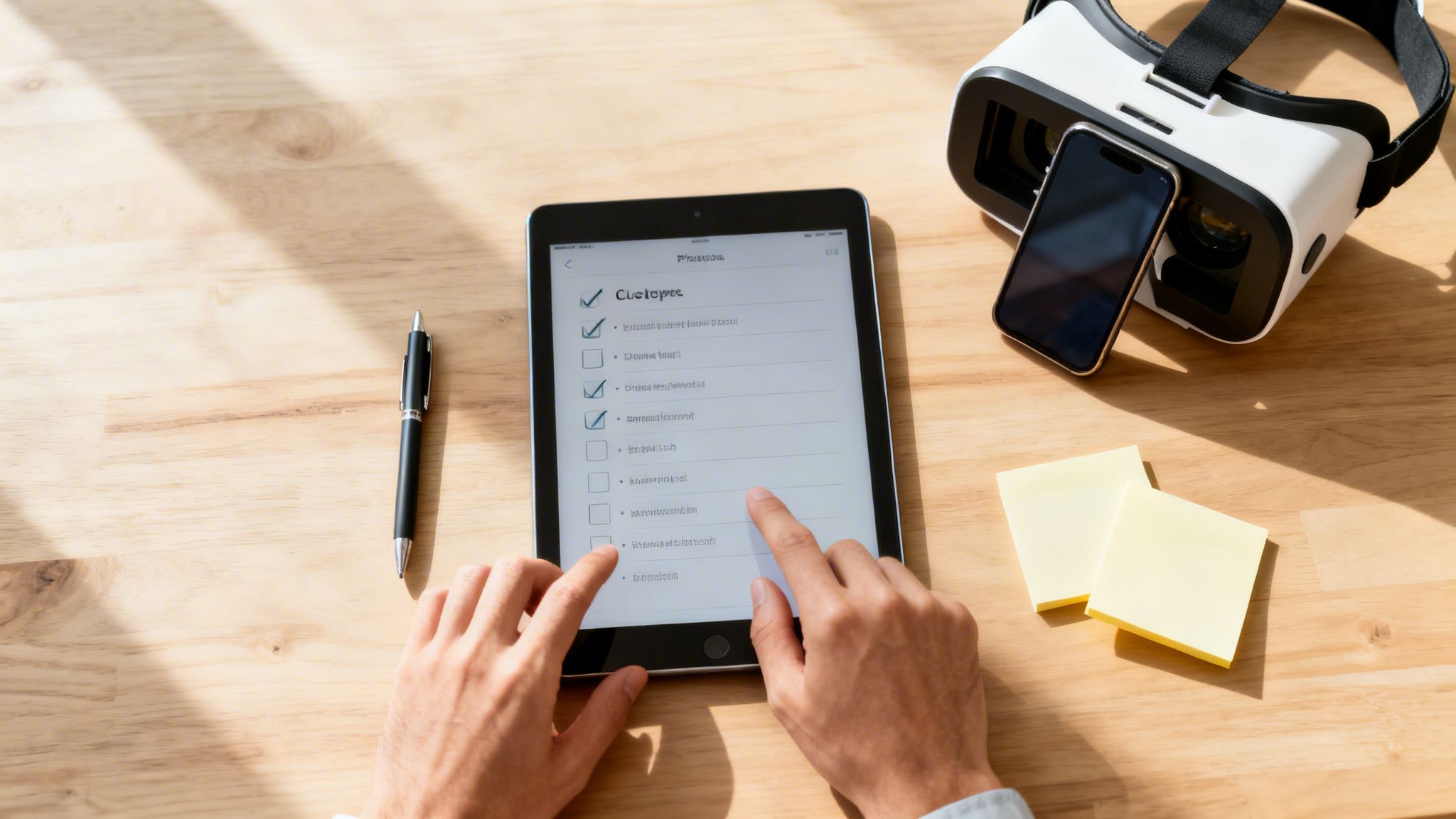 A person's hands interact with a tablet displaying a checklist on a wooden desk with tech.