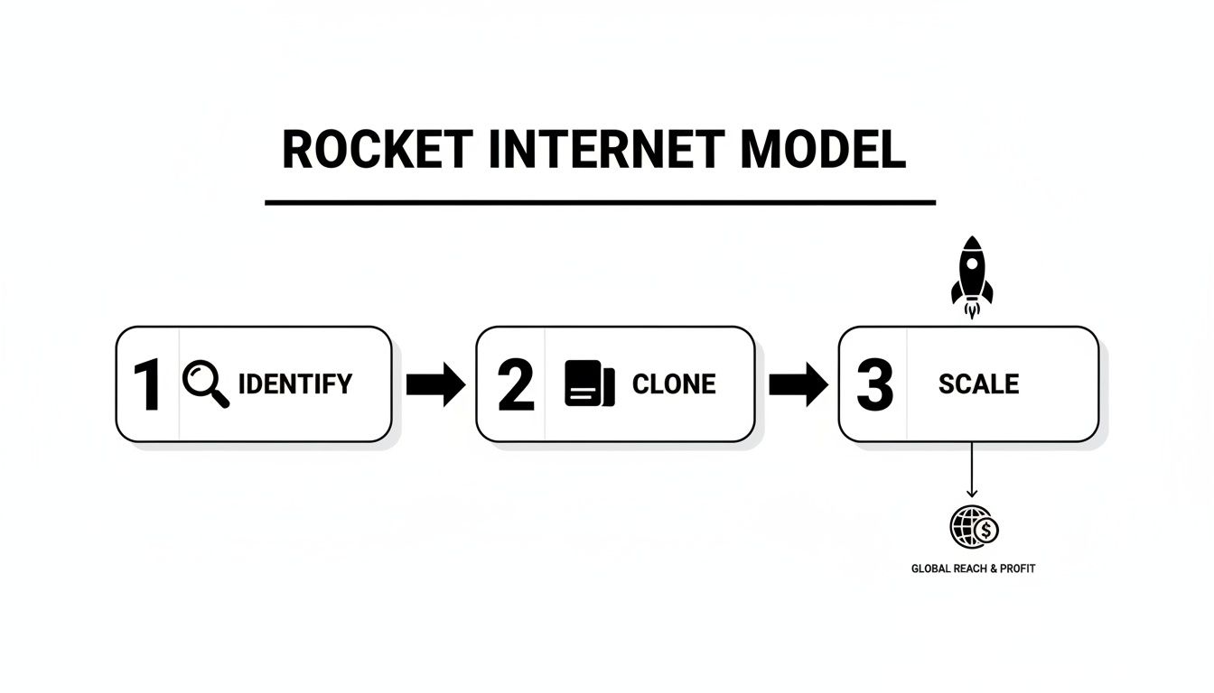 Diagram showing the Rocket Internet business model: Identify, Clone, Scale for global profit.