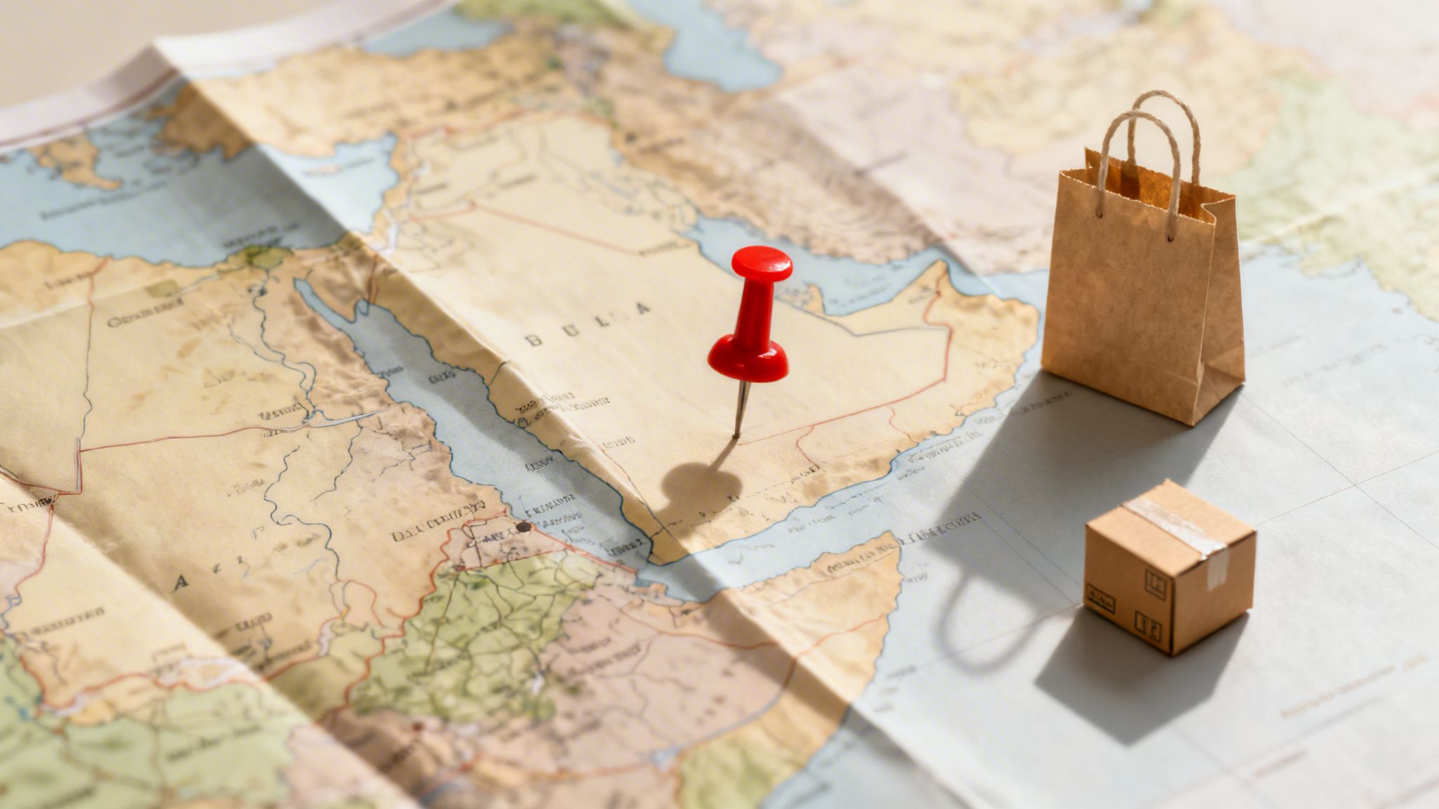 A red pushpin marks a location on a world map next to a miniature shopping bag and delivery box, symbolizing global commerce.
