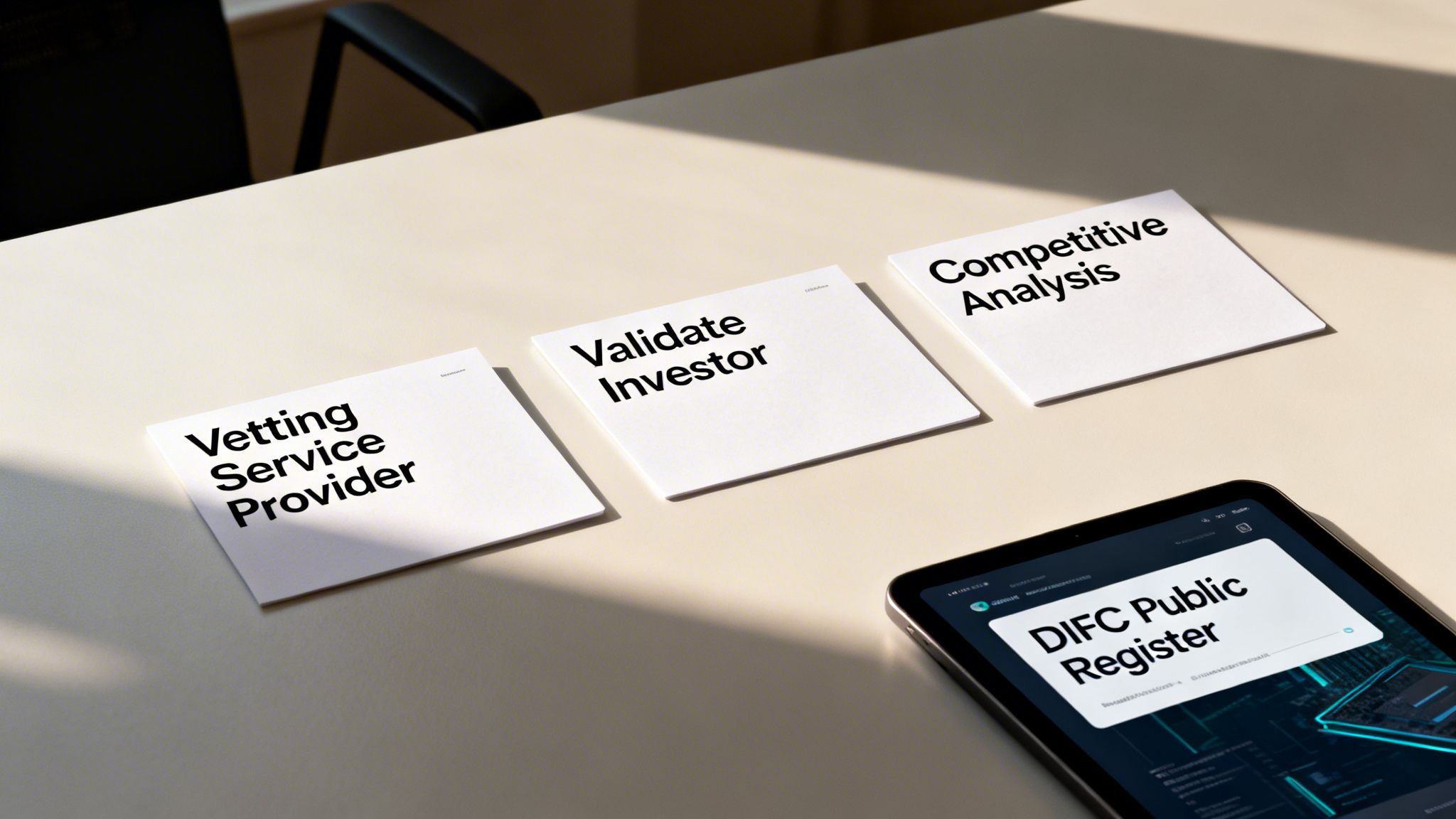White cards with business terms and a tablet displaying 'DIFC Public Register' on a light desk.