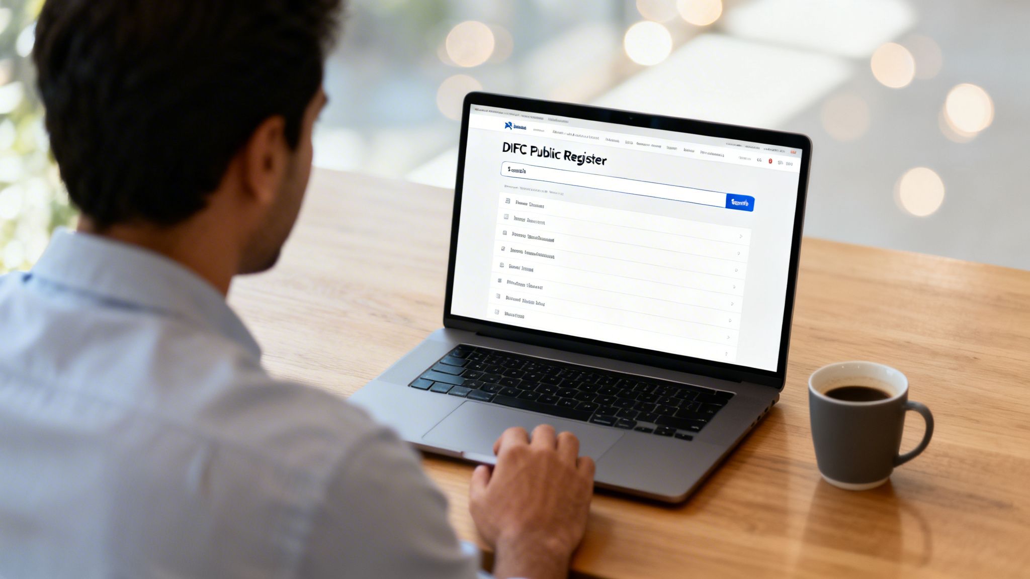 A person views the DIFC Public Register website on a laptop, displaying search results and a coffee cup.