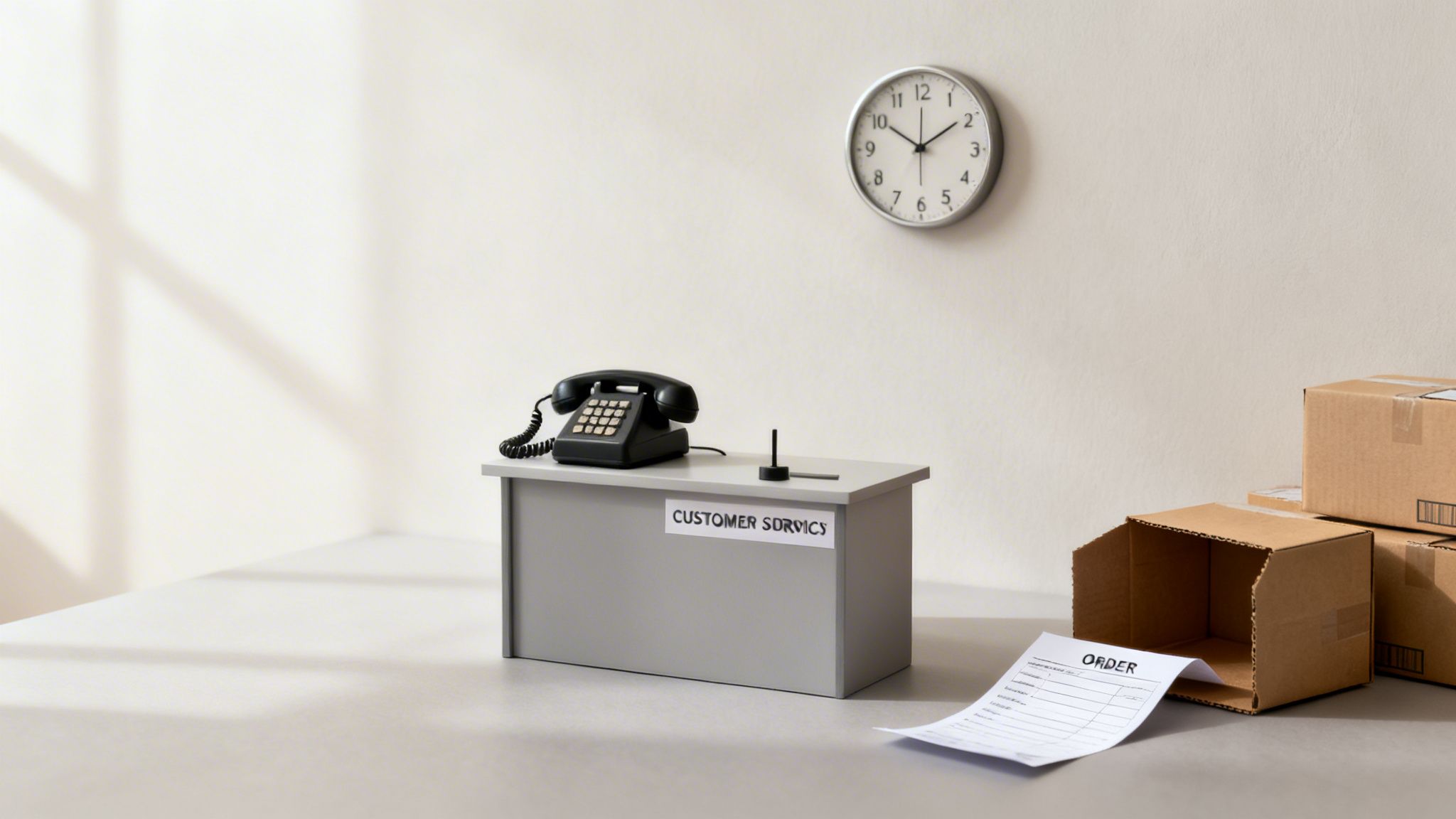 A retro customer service desk with a black rotary phone, a wall clock, and cardboard boxes.