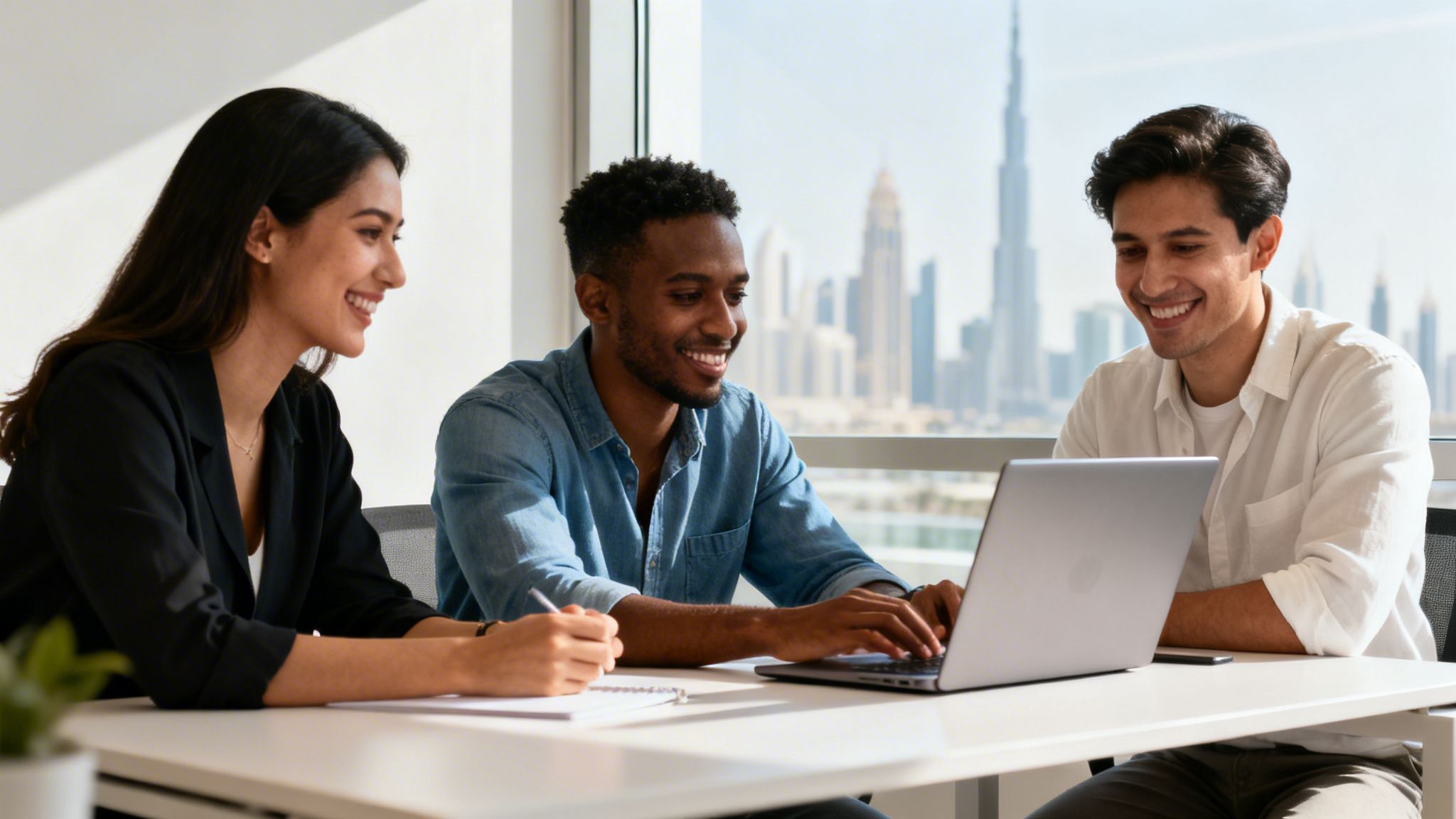 Three diverse young professionals collaborating on a laptop in a modern office with a city view.