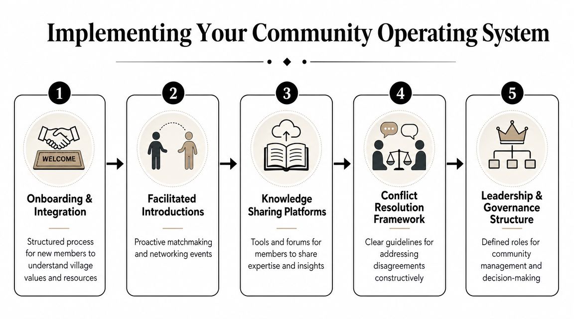 A five-step diagram illustrating the process for implementing a community operating system within a business village.