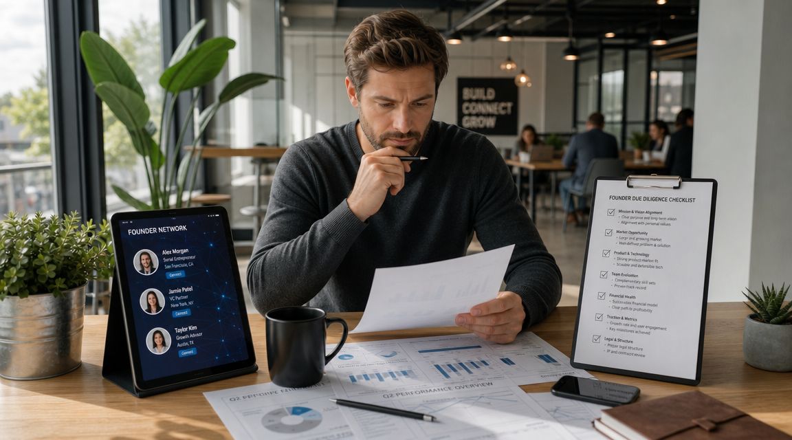A professional man reviewing business documents and a due diligence checklist at his wooden office desk.