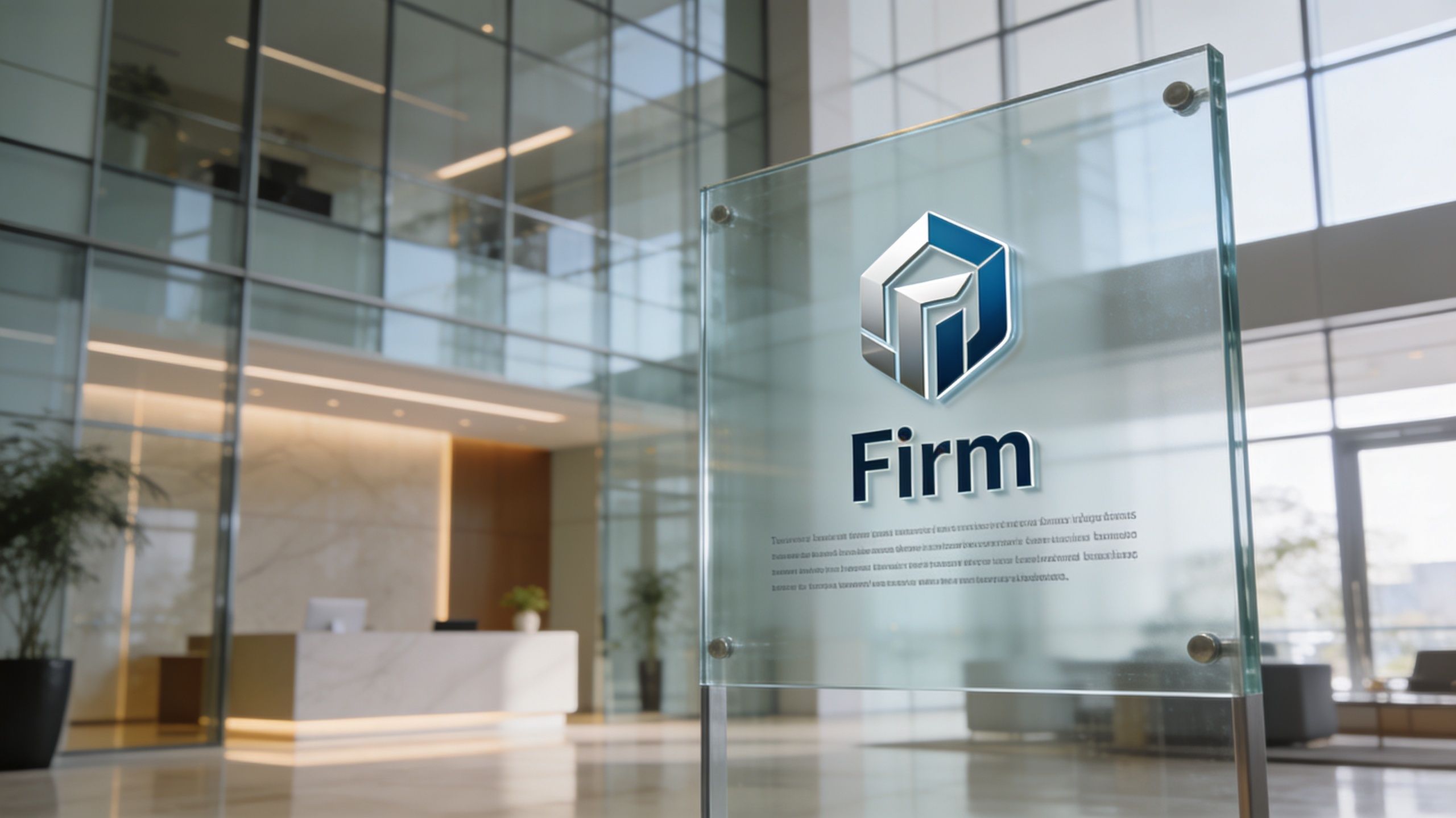 A professional company logo reading Firm on a glass sign in a modern corporate office building lobby.