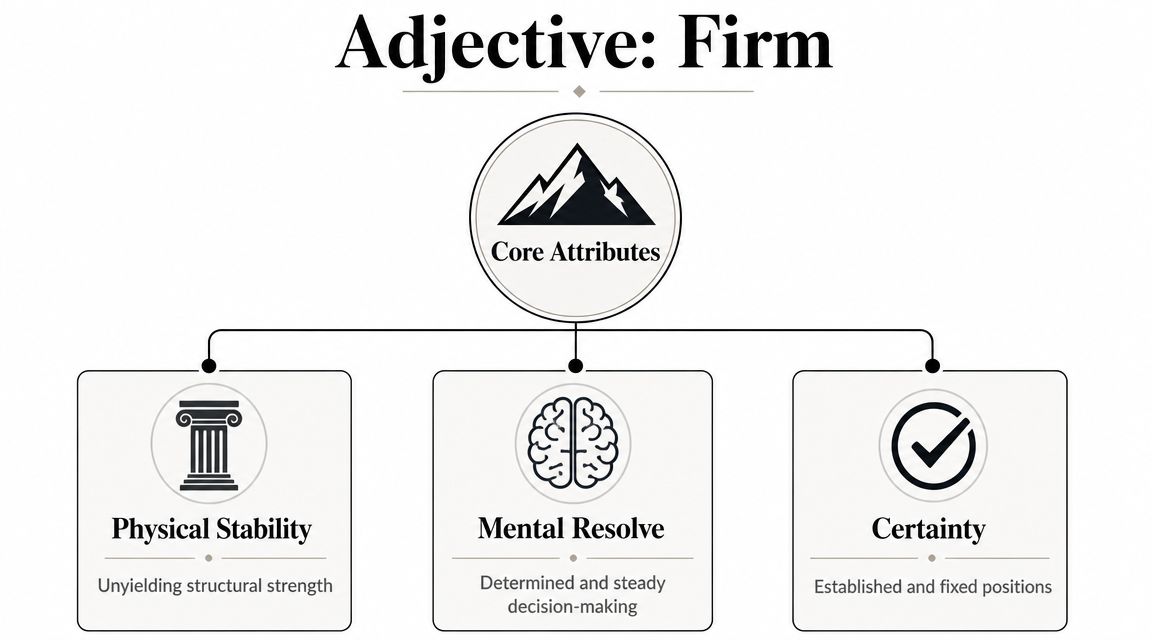A diagram illustrating the core attributes of the adjective firm, including physical stability, mental resolve, and certainty.
