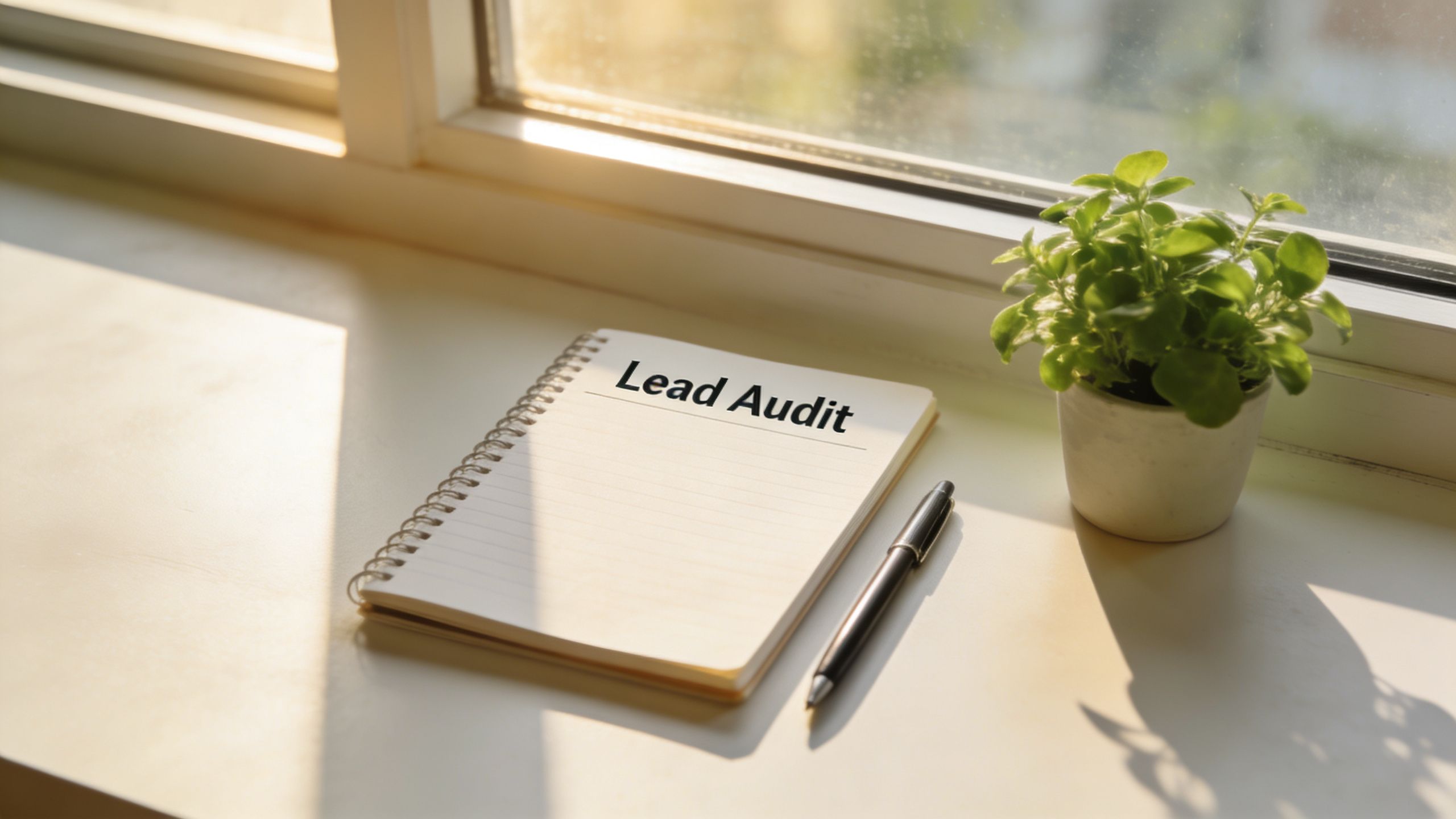 A spiral notebook labeled Lead Audit with a pen and a small potted plant near a window.