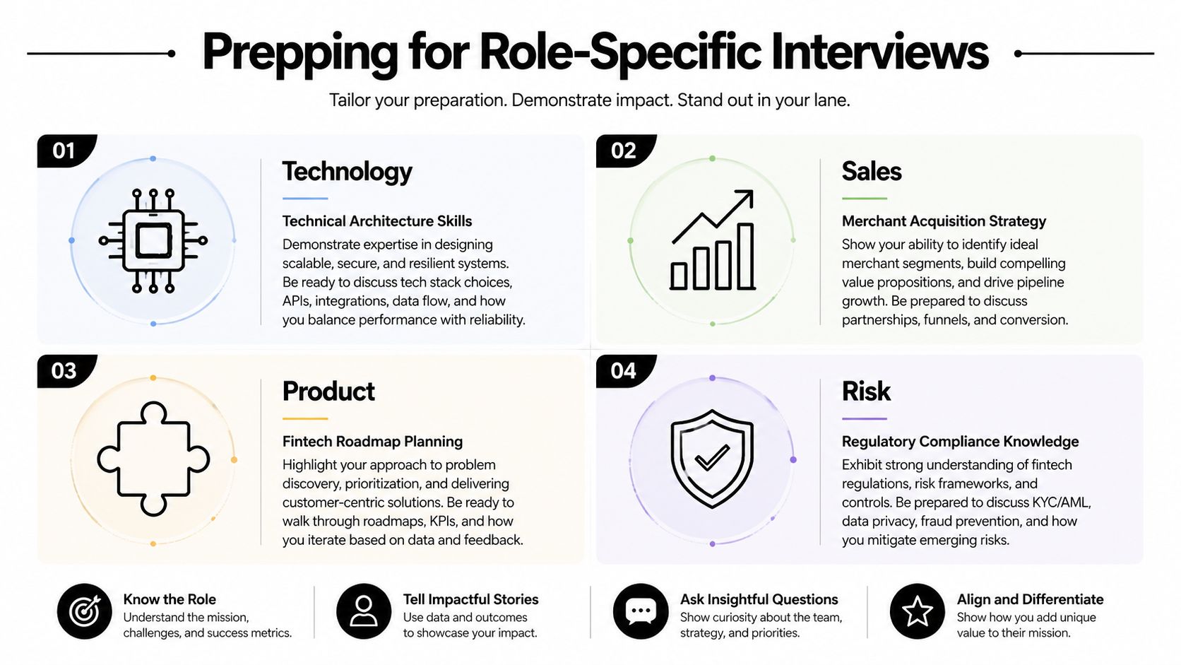 A professional infographic titled Prepping for Role-Specific Interviews, outlining key preparation strategies for technology, sales, product, and risk roles.