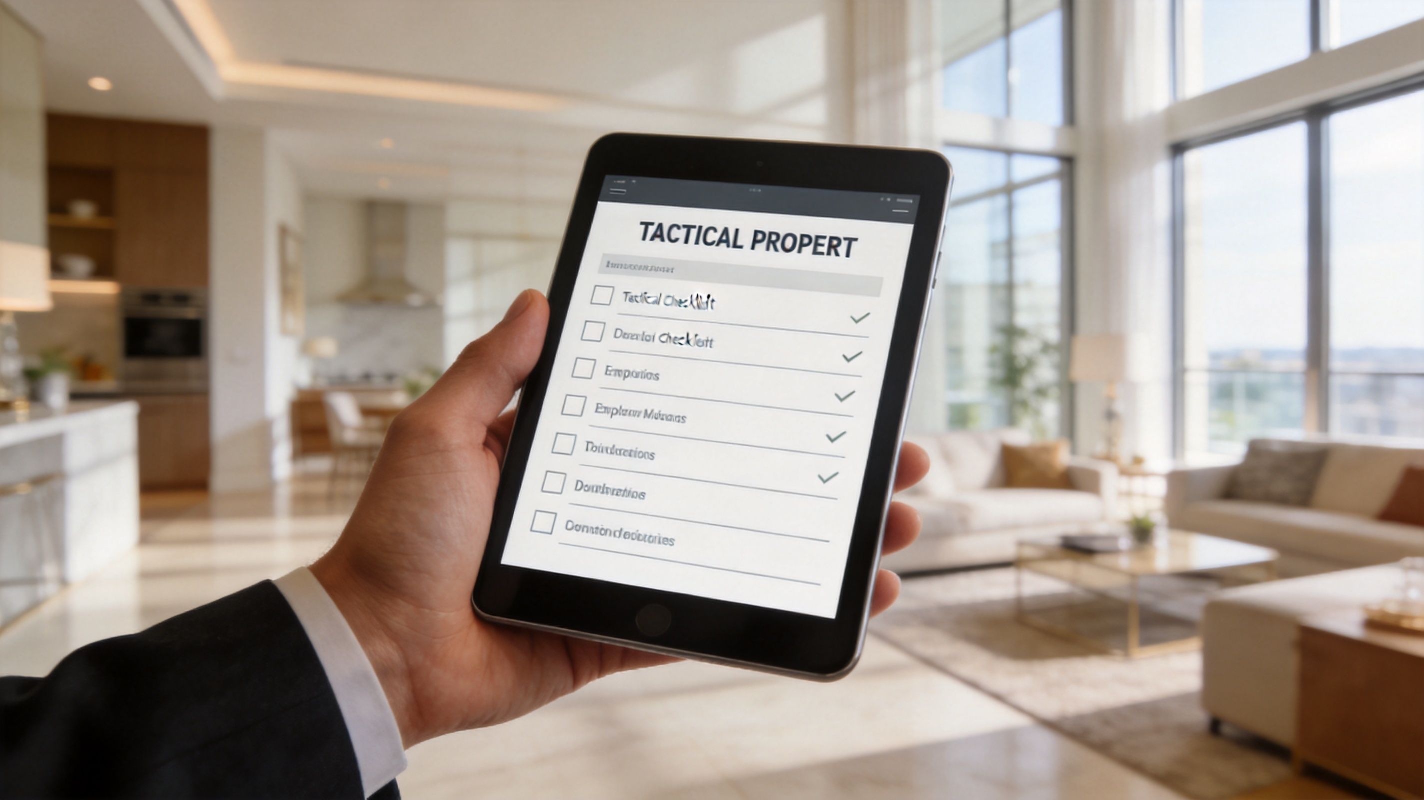 A hand in a business suit holding a digital tablet with a property checklist in a luxury apartment.