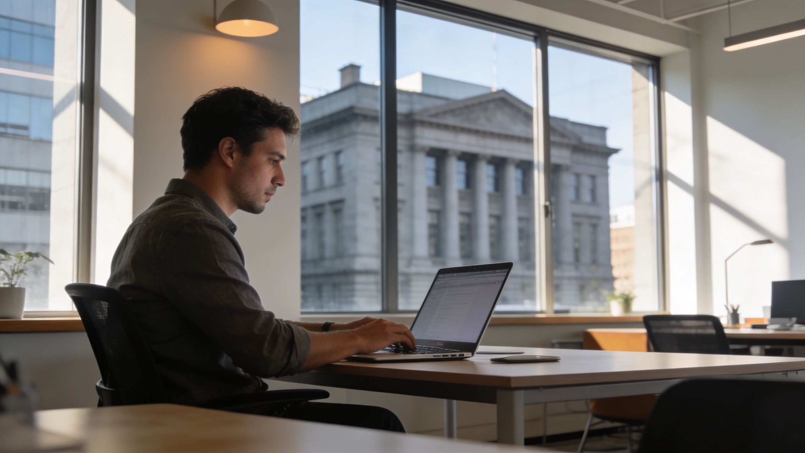 A professional man typing on his laptop in a bright modern office with large windows.