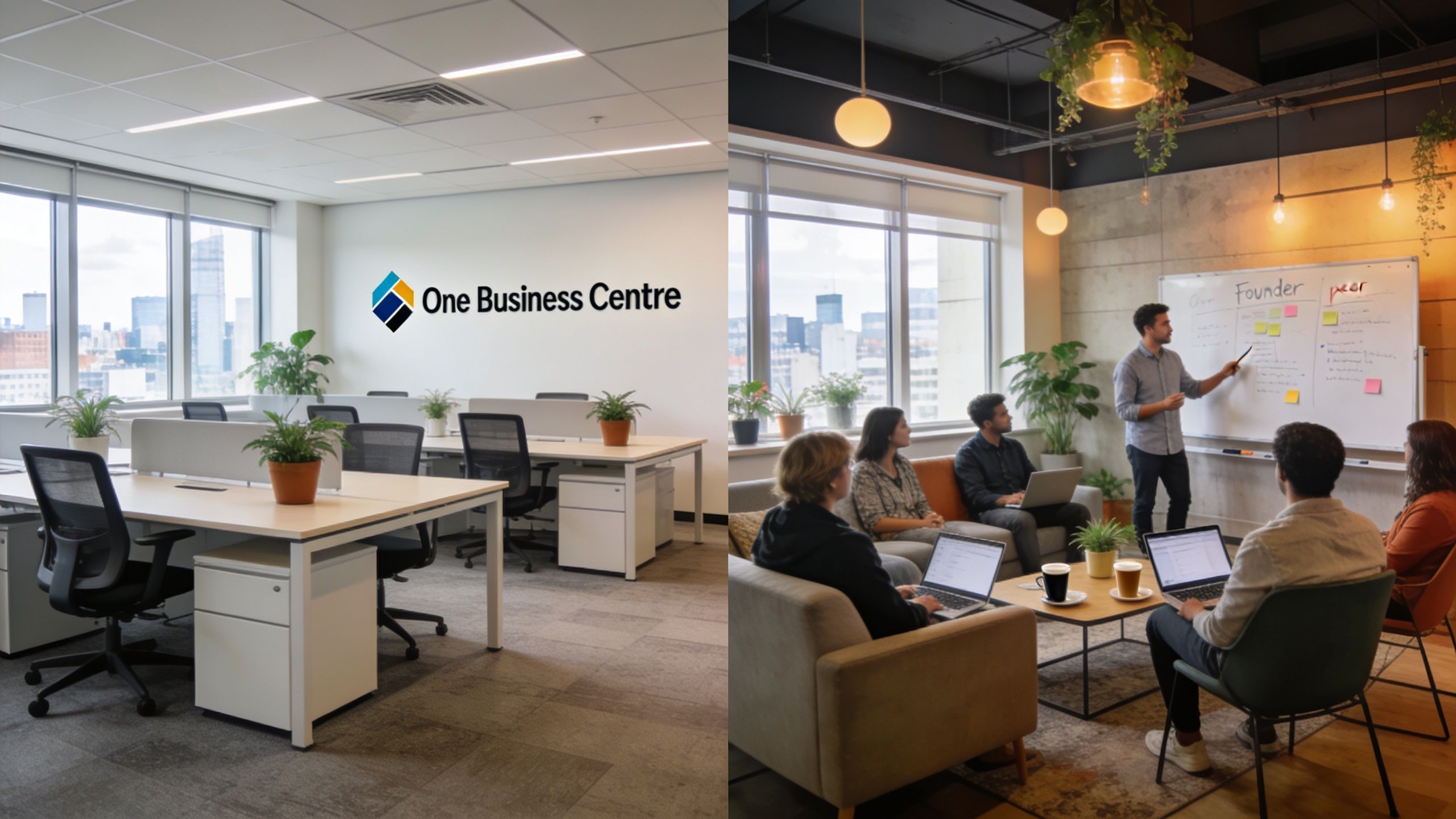 A split view of an office space featuring a One Business Centre logo and a collaborative meeting room.