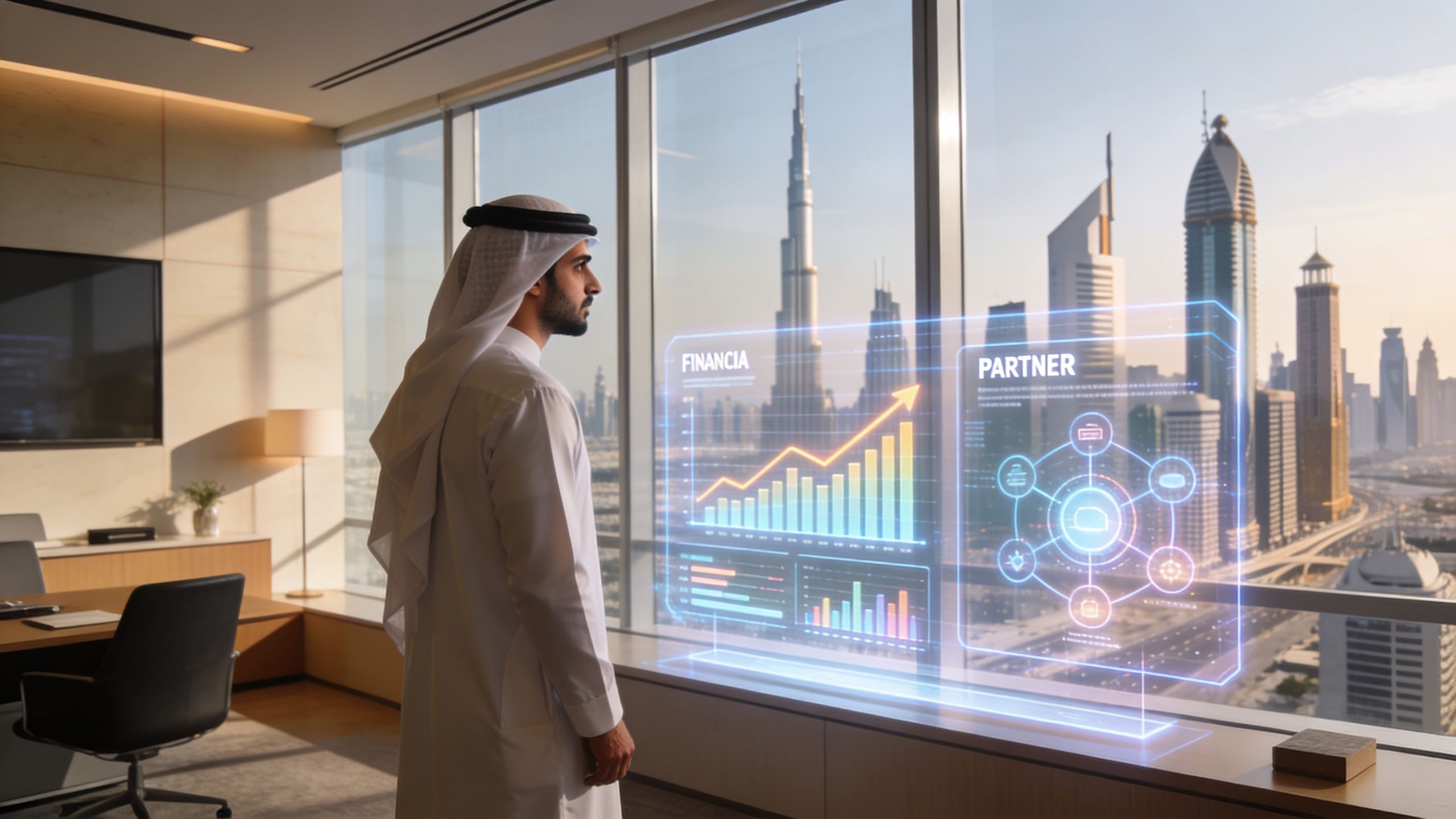 A professional man in traditional attire interacting with a digital financial holographic interface overlooking the Dubai skyline.