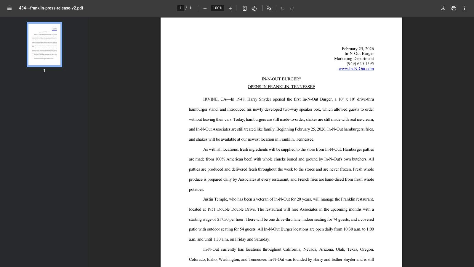 Franklin, Tennessee, official press release (first wave of eastern expansion)