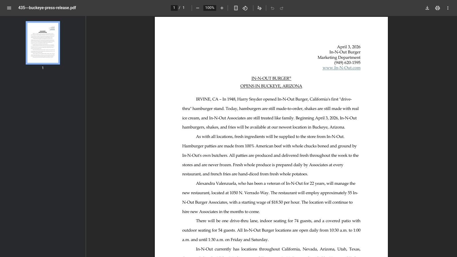Buckeye, Arizona, official press release (recent opening)