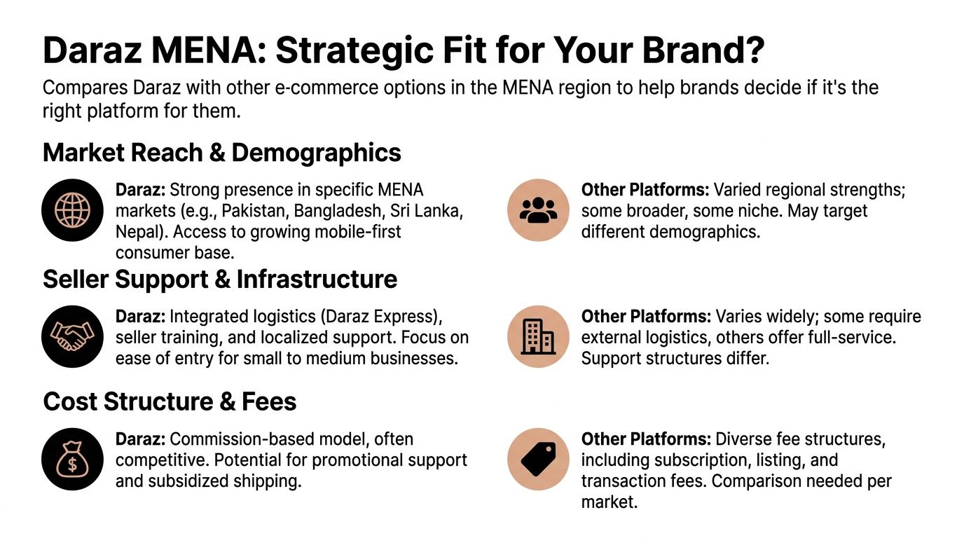 A comparison infographic between Daraz and other e-commerce platforms regarding market reach, support, and costs.