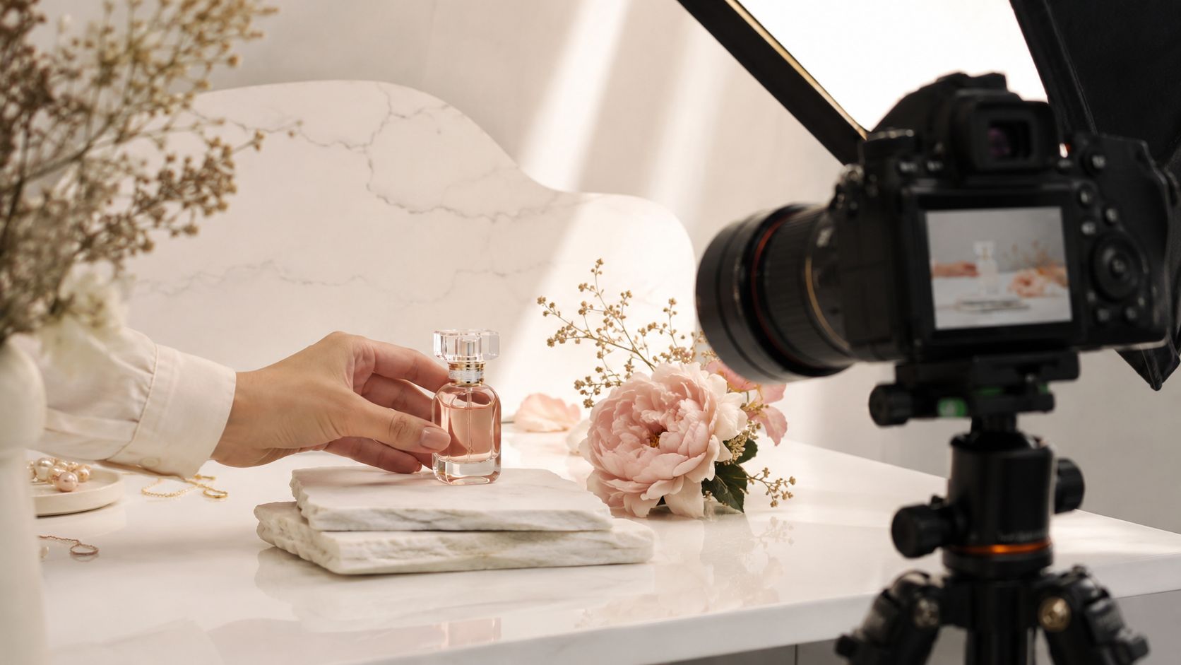 A hand placing a luxury perfume bottle on marble coasters for a professional product photoshoot setup.