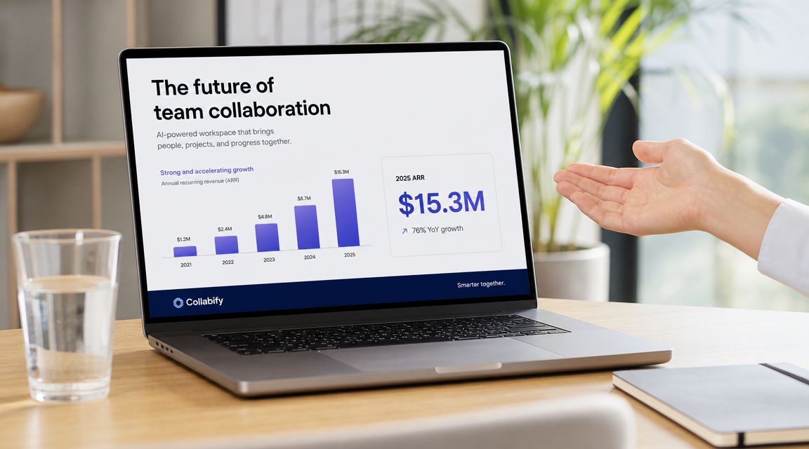 A laptop on a wooden desk displaying an annual recurring revenue growth presentation for a company named Collabify.