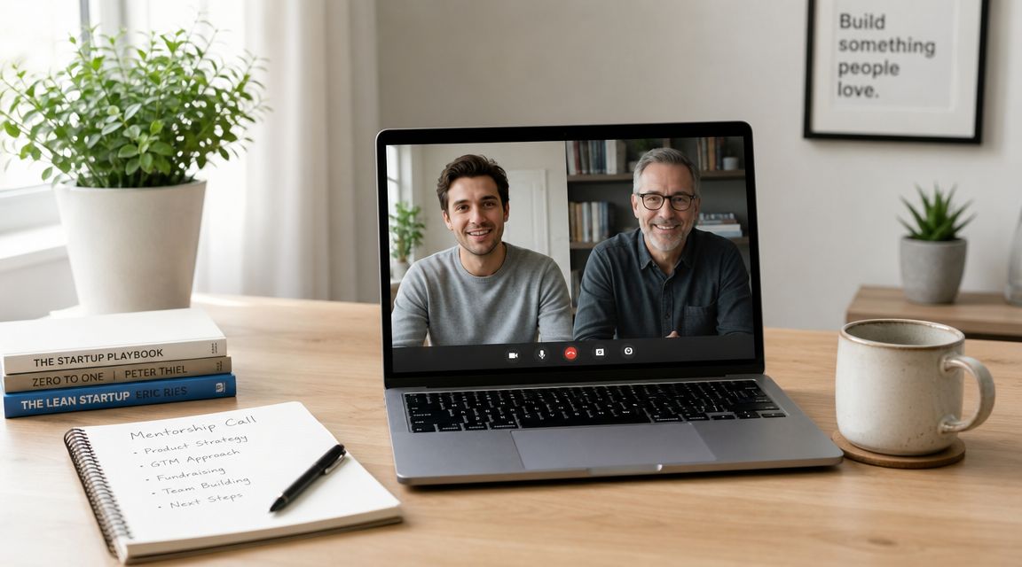 A laptop on a wooden desk displaying a video call between two professional men discussing mentorship.