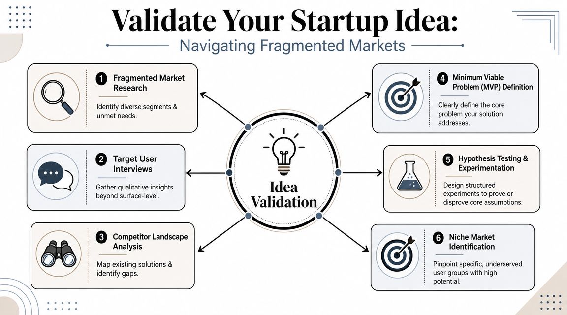 A diagram outlining six steps for validating a startup idea within fragmented market environments.