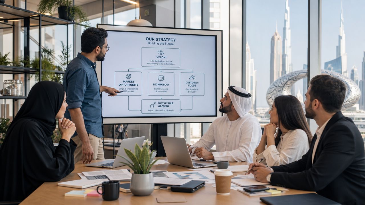 A diverse business team collaborating on a corporate strategy presentation in a modern office with city views.