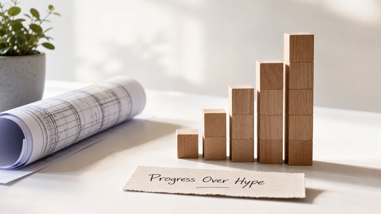 Wooden blocks arranged in an ascending graph next to a blueprint and the phrase Progress Over Hype.