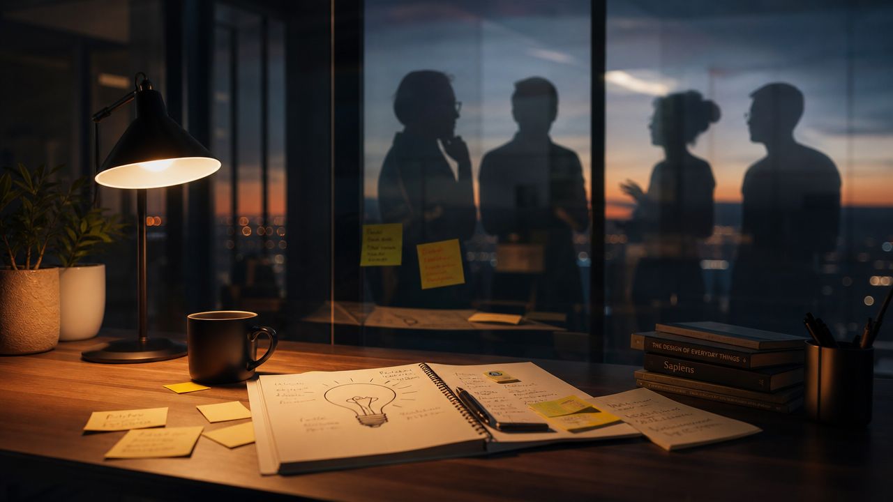 A creative workspace with a lightbulb sketch on a notepad at night with office team silhouettes.