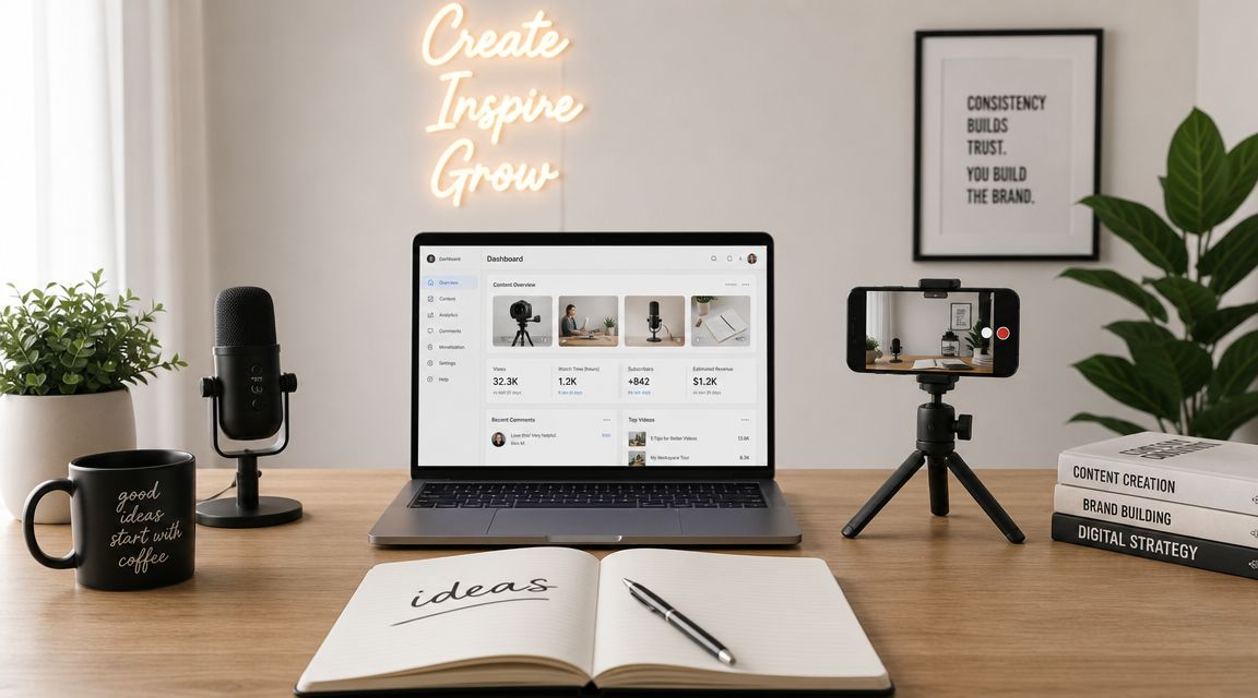 A professional desk setup featuring a laptop, microphone, smartphone on a tripod, and notebook for content creation.