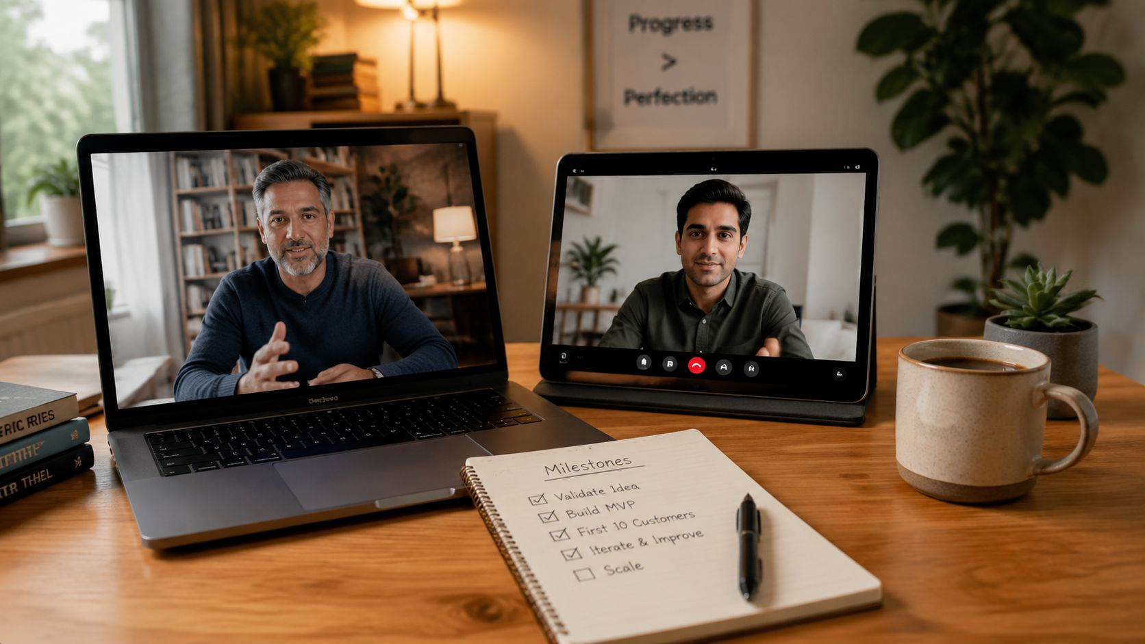 A video conference meeting on a laptop and tablet with a handwritten list of business milestones.