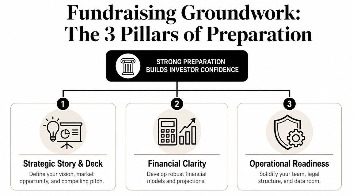 A diagram outlining the three essential pillars of preparation for successful startup fundraising and investor confidence.