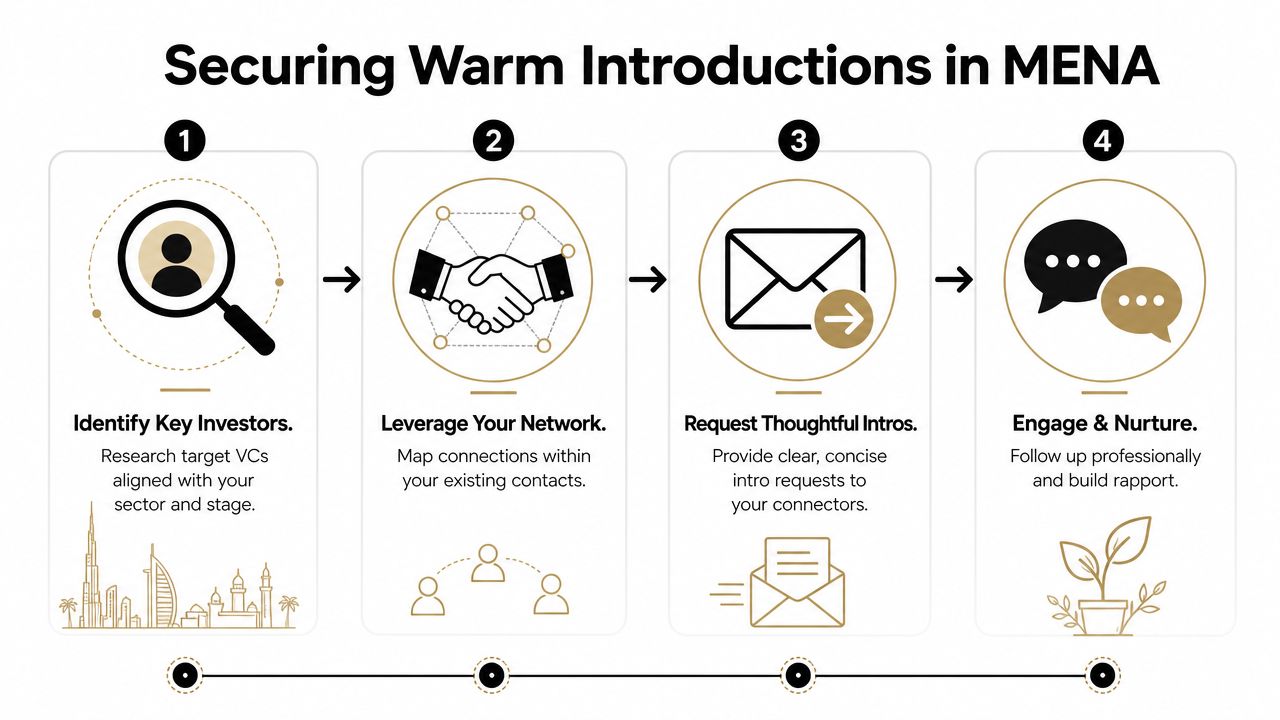 An infographic showing a four-step process for securing warm introductions from investors in the MENA region.