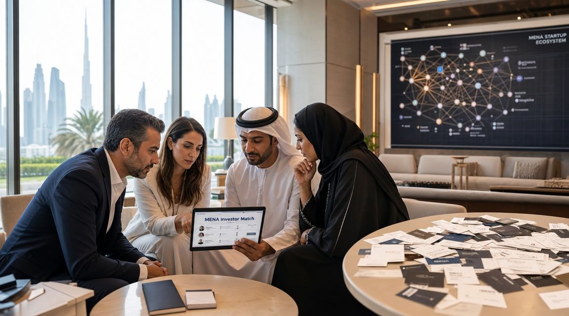 A professional team in Dubai reviews startup investment opportunities on a tablet in a modern office.