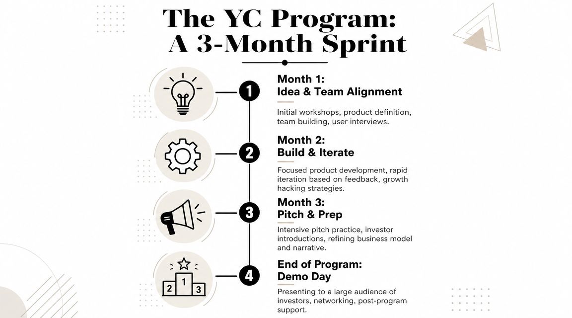 A diagram illustrating the YC program as a three-month sprint leading to Demo Day.